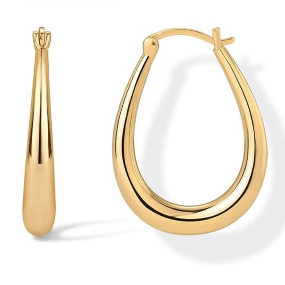 14K Gold Plated Oval Chunky Hoop Dangle Earrings
